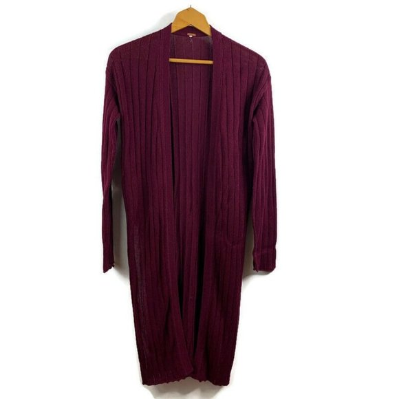 Free People Womens Maroon Long Cardigan Sweater Slit Open Front Long Sleeve S